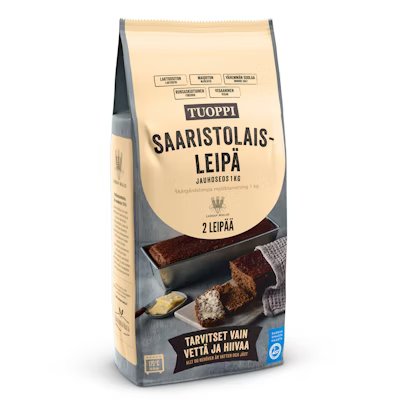 Eine beige-blaue Tüte mit Laihian Mallas Tuoppi Archipelago Bread Flour Mix, mit Abbildungen von Roggenbrot, Butter und einem Messer; finnischer Text. Fügen Sie einfach Wasser und Hefe hinzu, um zwei Brote mit traditionellem finnischem Schärenbrot zu backen.