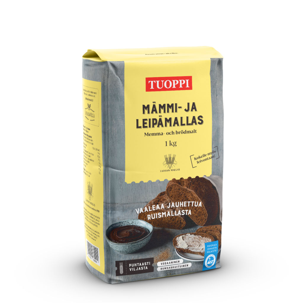 Eine 1 kg-Packung Laihian Mallas Tuoppi Mämmi & Bread Malt, ideal für die Herstellung von Mämmi oder zum Brotbacken. Die Verpackung zeigt auf der Vorderseite Bilder von dunklem Roggenbrot, einer Schale mit Mämmi und Roggenmehl.