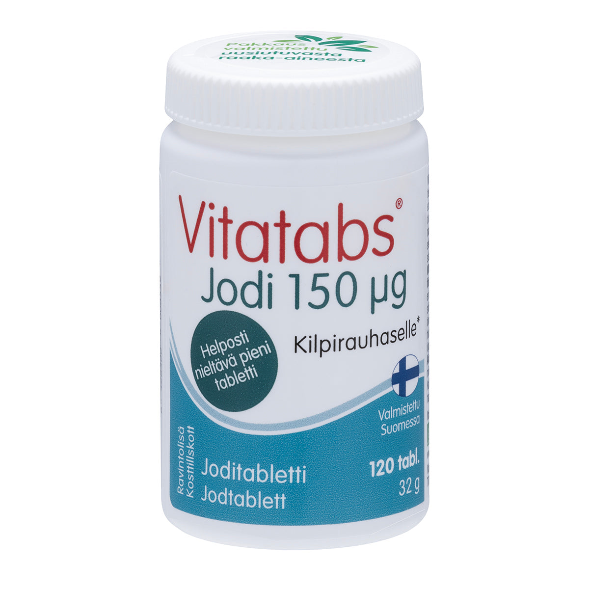 Eine weiße Flasche Hankintatukku Vitatabs Iod 150 µg, ein finnisches Jodpräparat mit blau-weißem Etikett, enthält 120 Tabletten. Das Etikett ist mit finnischem Text und einem finnischen Flaggensymbol versehen.