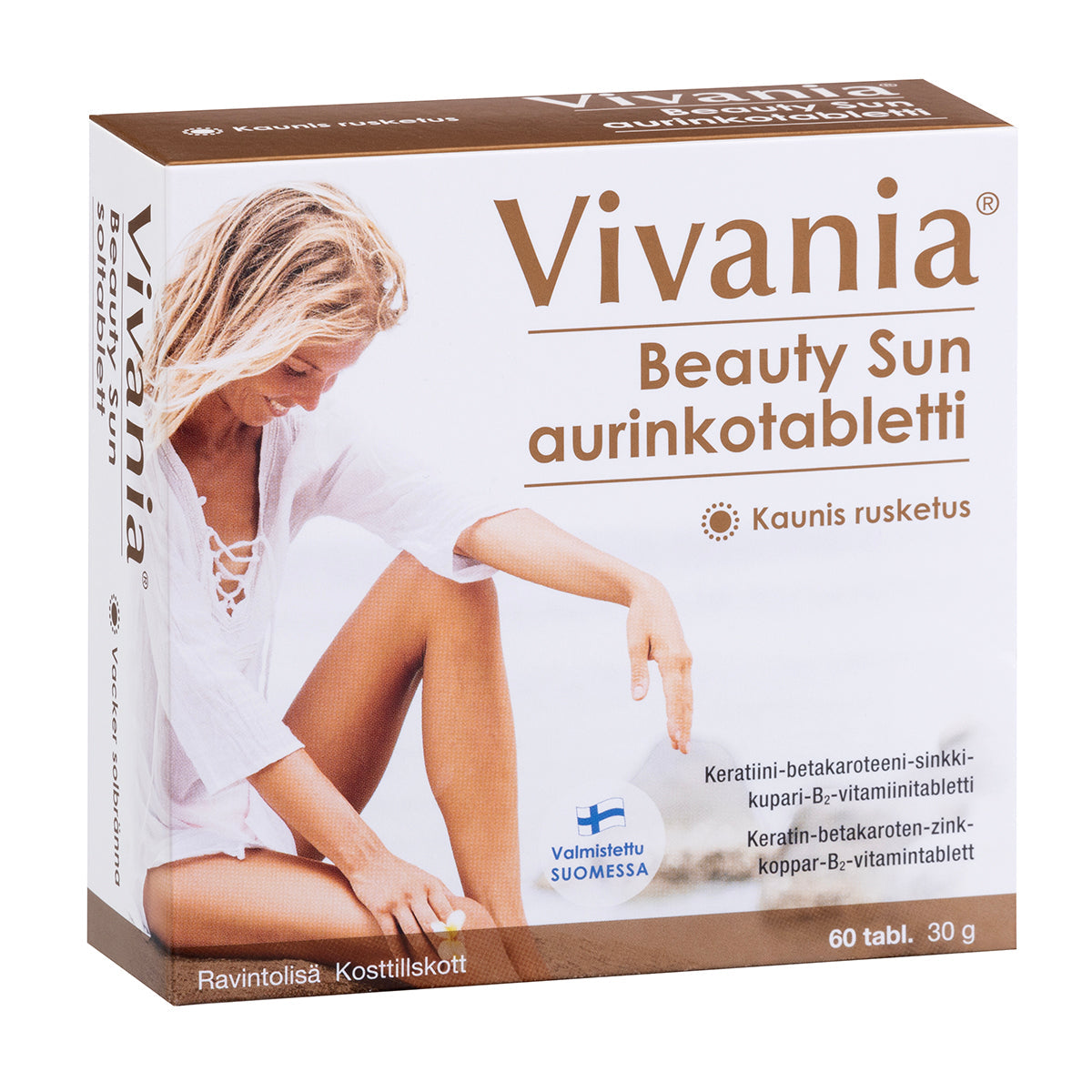 Eine Schachtel Hankintatukku Vivania Beauty Sun Tabletten mit finnischem Text auf brauner und weißer Verpackung, auf der eine Frau in einem weißen Badeanzug am Strand abgebildet ist. Mit blauem „Valmistettu Suomessa”-Etikett. Unterstützt eine lang anhaltende Bräune.