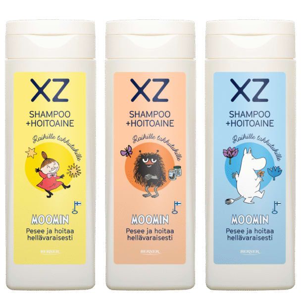 Drei Flaschen XZ Moomin 2in1 Shampoo & Conditioner von XZ: rosa Kleine My, orange Stinki und blauer Moomintroll - alle für Kinder, mit sanftem Erdbeerduft und charmanten Charakterillustrationen.