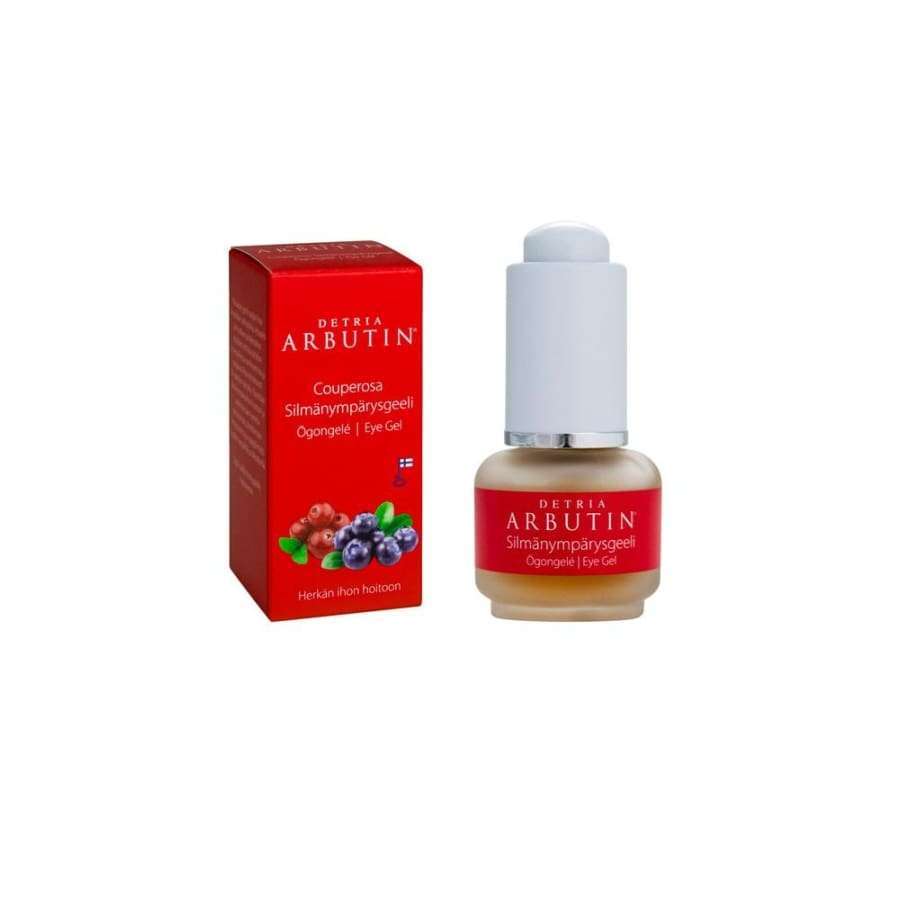 Eine kleine rot-weiße Schachtel mit der Aufschrift Detria Arbutin Eye Gel steht neben einer passenden Flasche mit weißem Tropfverschluss, auf der Beeren abgebildet sind und die die Anti-Aging-Augengelformel von Detria Arbutin hervorhebt.