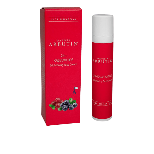 Eine rote Schachtel und ein passender Flakon der Detria Arbutin Brightening Face Cream von Detria Arbutin mit Beeren, einer finnischen Flagge und lappländischen Superkräutern für eine strahlende Haut.