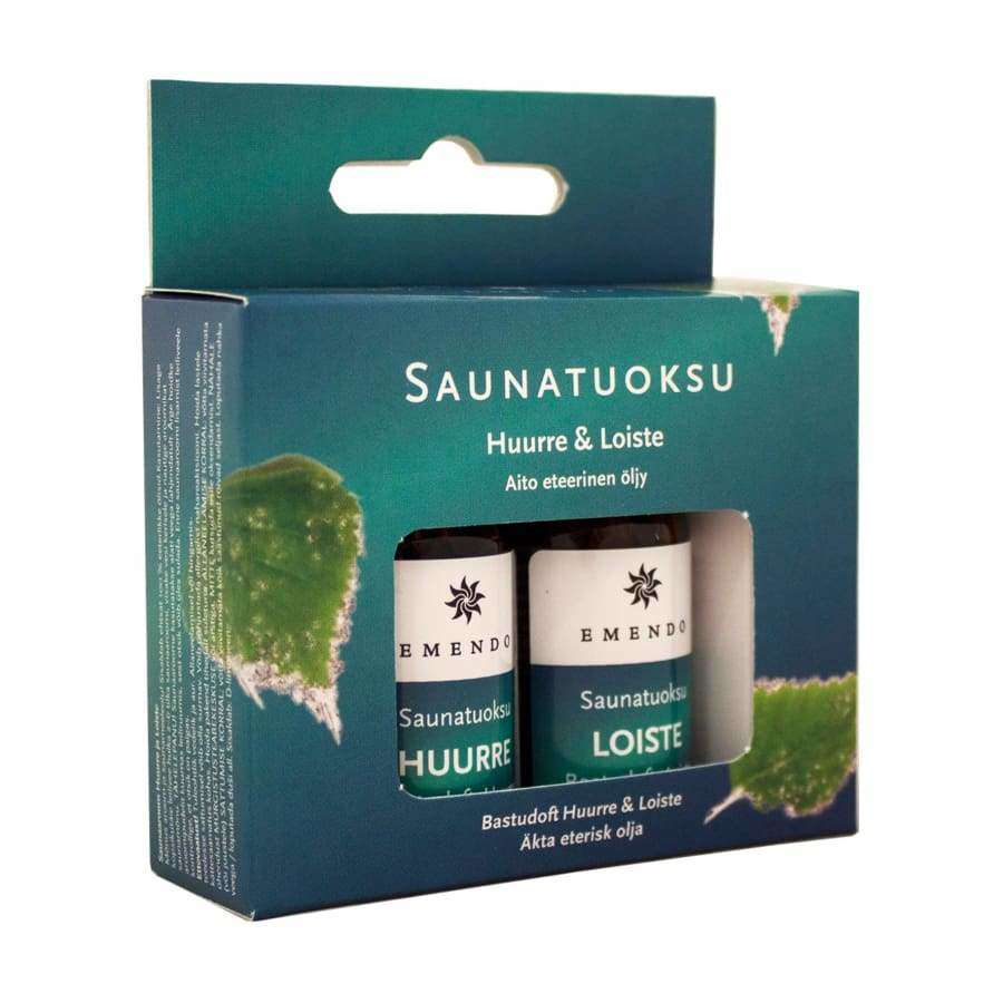 Das Emendo Sauna Fragrance Huurre & Loisto Set enthält zwei Saunaöle in einer blaugrünen Schachtel mit Birkenblattmotiven, ideal für Diffusoren. Die Verpackung der Marke Emendo zeigt die beiden Düfte Huurre und Loisto.