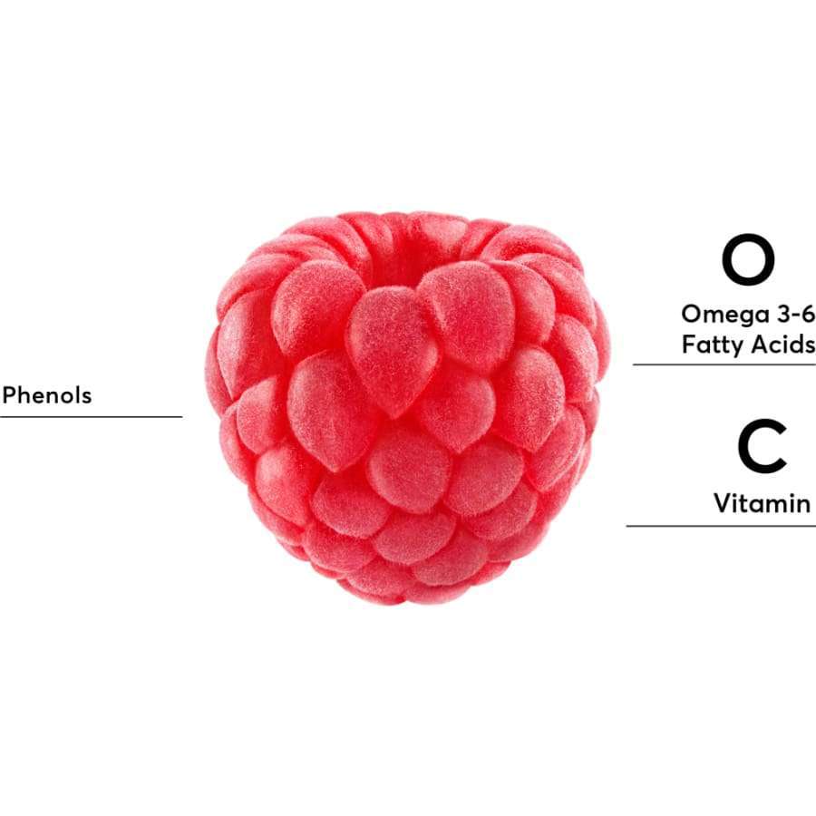 Die Nahaufnahme einer Himbeere hebt Phenole, Omega-3-6-Fettsäuren und Vitamin C hervor - die wichtigsten Nährstoffe in Mossa 365 Days for Face SPF 30 von Mossa - und symbolisiert den natürlichen UVA/UVB-Schutz in diesem Breitband-Sonnenschutzmittel.