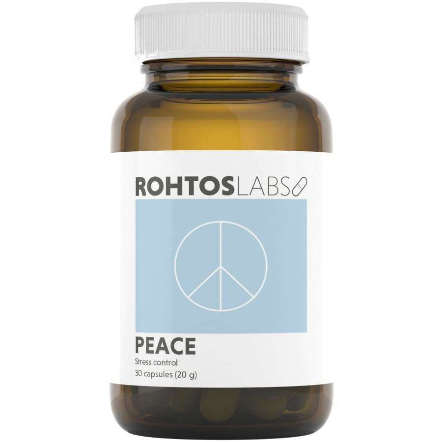 Die braune Flasche mit weißer Kappe mit der Aufschrift Rohtos Labs Peace by Rohtos Labs zeigt ein blaues Quadrat mit einem Friedenssymbol und enthält 30 Kapseln mit Ashwagandha-Extrakt, die als Stressabbau-Ergänzung zur Senkung des Cortisols formuliert wurden.