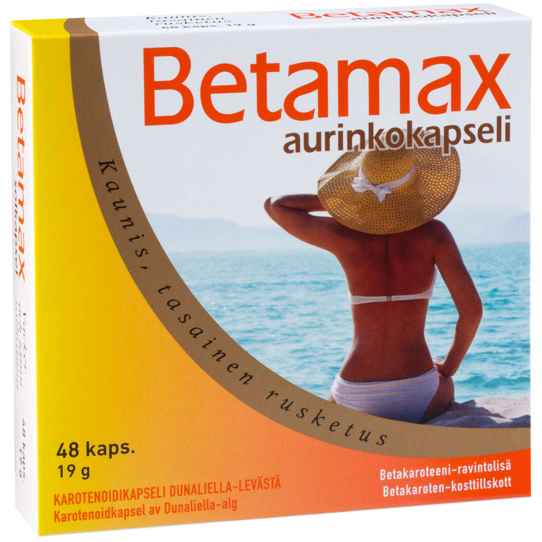 Eine Schachtel mit Hankintatukku Betamax Bräunungsergänzungskapseln, die eine Frau in einem weißen Bikini und Sonnenhut am blauen Meer zeigt. Die Verpackung hat orange und gelbe Akzente und finnischen Text.