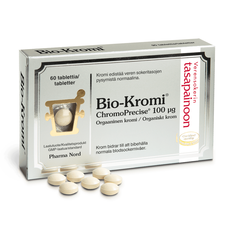Abgebildet ist eine Schachtel Pharma Nord Bio-Chromium 100 mikrog mit sieben runden beigen Tabletten auf der Vorderseite. Dieses Chromhefepräparat unterstützt die Blutzuckerkontrolle. Die 60-Tabletten-Schachtel enthält einen Text in finnischer Sprache.