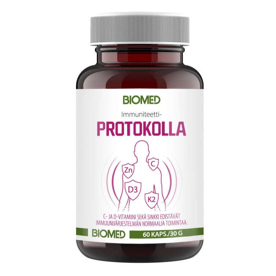 Eine Flasche Biomed Immunity Protocol (60 Kapseln) von Biomed zeichnet sich durch ein finnisches Etikett mit einer menschlichen Silhouette und Symbolen für Zink, Vitamin D3, K2 und Quercetin-Phytosom zur Unterstützung der Immunabwehr aus.