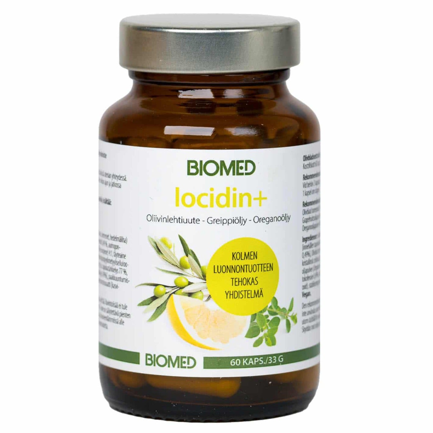 Biomed Iocidin+ von Biomed kommt in einer braunen Glasflasche mit Abbildungen von Olivenblättern, Grapefruit und Oregano. Auf dem Etikett steht, dass es 60 Kapseln mit natürlichen Inhaltsstoffen wie Olivenblattextrakt und Oreganoöl enthält.