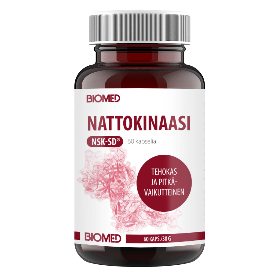 Die Flasche Biomed Nattokinase NSK-SD® (60 Kapseln) ist überwiegend mit einem weiß-roten finnischen Etikett und einer rosa Molekulargrafik versehen. Enthält das Nattokinase-Enzym NSK-SD, das von der okinawanischen Ernährung inspiriert ist. Marke: Biomed.