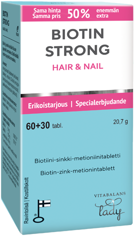 Eine blau-weiße Schachtel Vitabalans Biotiini Strong Hair & Nail, 60+30 Tabletten mit einem Sonderangebot. Enthält Biotin, Zink, Methionin und Keratin zur Unterstützung der Gesundheit von Haaren und Nägeln. Das Vitabalans befindet sich am unteren Rand.