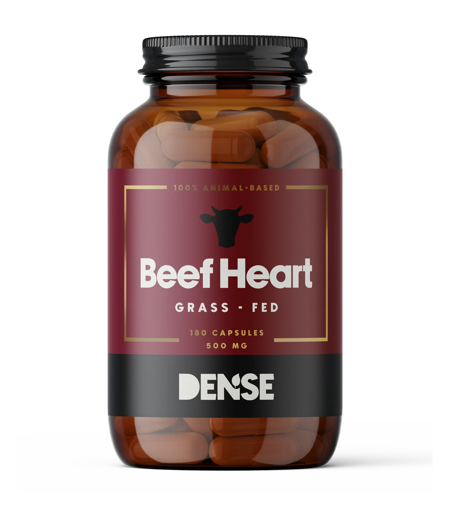 DENSE Beef Heart von DENSE wird in einer braunen Flasche mit einem Kuhkopfsymbol und goldenen Akzenten auf kastanienbraunem Hintergrund geliefert und enthält 180 Kapseln mit 500 mg gefriergetrocknetem Rinderherz aus Weidehaltung.