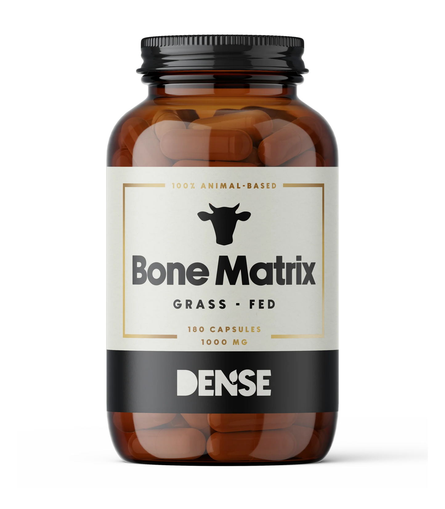 Die braune Glasflasche von DENSE Bone Matrix by DENSE, auf der ein Kuhkopf abgebildet ist, enthält 180 Kapseln mit 1000 mg Knochenergänzungsmittel aus grasgefüttertem Rindfleisch, das reich an Kollagen Typ I ist.