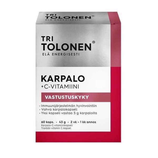 Eine Schachtel Dr. Tolonen Cranberry + Vitamin C Nahrungsergänzungsmittel, mit finnischem Text, der Cranberry-Extrakt und Vitamin C-Kapseln zur Unterstützung des Immunsystems beschreibt. Auf der weiß-roten Verpackung steht der Markenname Dr. Tolonen.