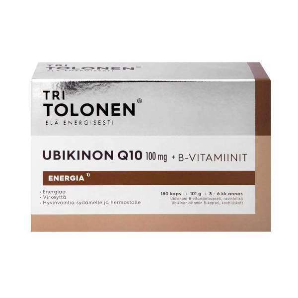 Eine Schachtel Dr. Tolonen Ubiquinone 100 mg + Vitamin B Energieergänzung, beschriftet mit Energia, mit finnischem Text, der seine Vorteile für Energie, Wohlbefinden und die Gesundheit von Herz und Nervensystem hervorhebt.