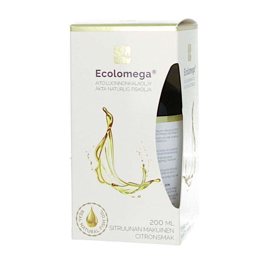 Eine weiße Schachtel mit Ecolomega Virgin Fish Oil - Lemon, mit einem goldenen Spritzer, 200 ml und Zitronensmak (Zitronengeschmack) Text, sowie Logos für echte natürliche Omega-reiche Öl. Die Seite zeigt einen Teil der Flasche im Inneren. Marke: Ecolomega.