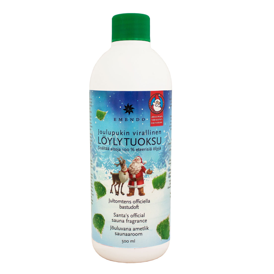 Weiße 500-ml-Flasche mit Emendo Santa's Official Sauna Fragrance, mit ätherischen Ölen und festlichen Motiven. Etikett auf Finnisch, Schwedisch und Englisch. Unterstützt die Santa Claus Foundation.