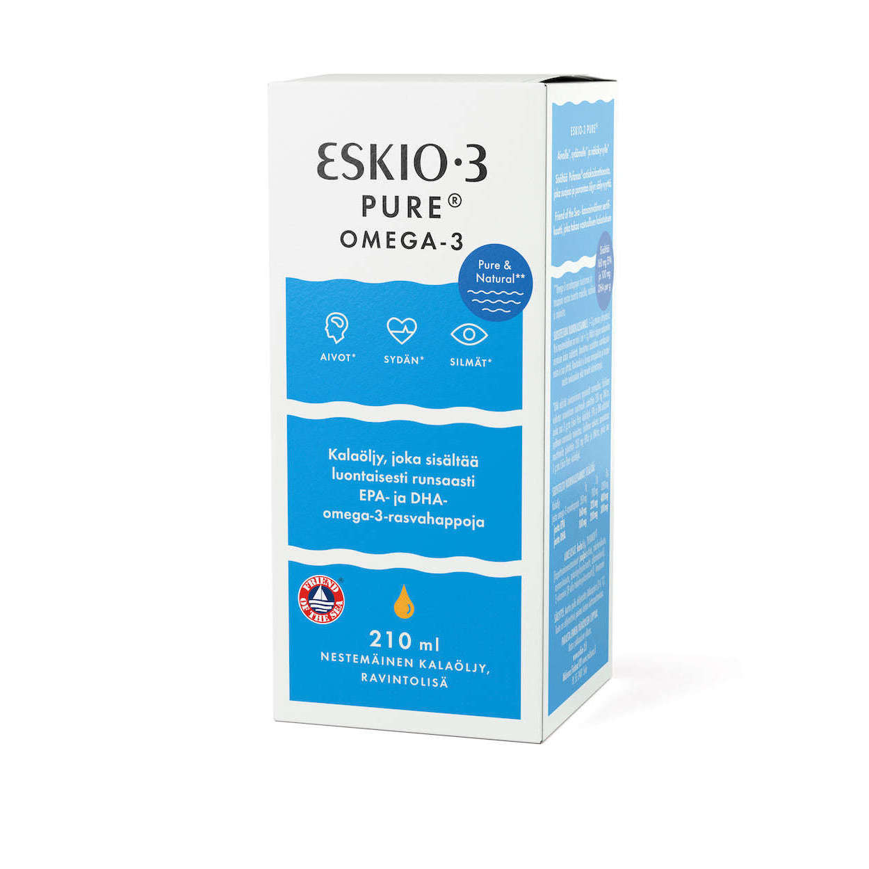 Eine weiß-blaue Schachtel mit Eskio-3 Pure Fish Oil von Eskio-3, 210 ml, mit finnischem Text und Symbolen, die die Vorteile für Gehirn, Herz und Augen aufzeigen - formuliert mit Omega-3-Fettsäuren und dem Antioxidans PUFANOX.