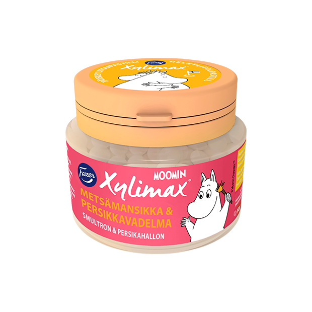 Eine runde Dose Fazer Moomin Xylimax Full Xylitolpastil, hergestellt in Finnland, mit pfirsichfarbenem Deckel, gelatinefreien Xylitolpastillen, Moomin-Illustrationen und finnisch-schwedischem Text: "Metsämansikka & Persikkavadelma, Smultron & Persikahallon.".