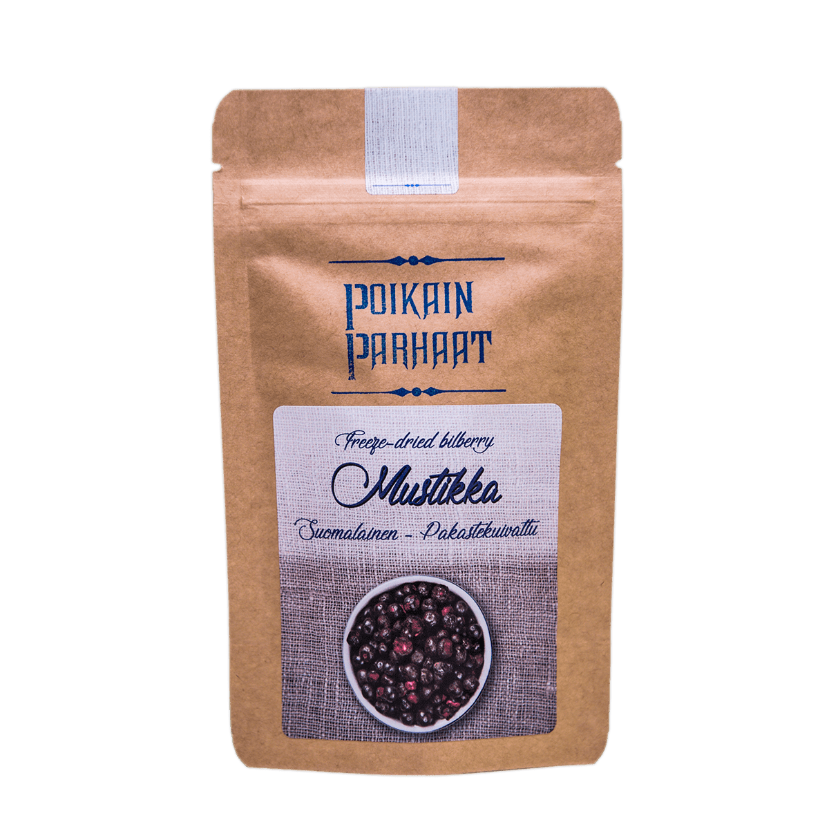 Ein weißer, wiederverschließbarer Beutel mit der Aufschrift "Poikain Parhaat Finnish Freeze Dried Bilberry" zeigt auf der Vorderseite einen finnischen Text und eine Abbildung der Heidelbeere.