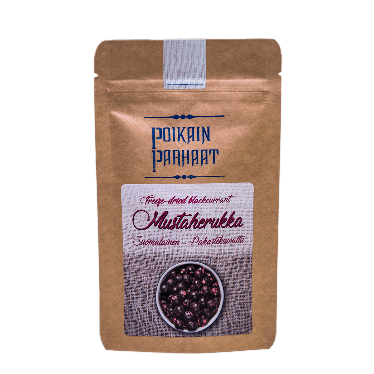 Poikain Parhaat Finnish Freeze Dried Blackcurrant wird in einem braunen, wiederverschließbaren Beutel mit einem weiß-grauen Etikett geliefert, auf dem Superfood-Beeren und ein finnischer Text abgebildet sind, der diese vegane Snackoption hervorhebt.