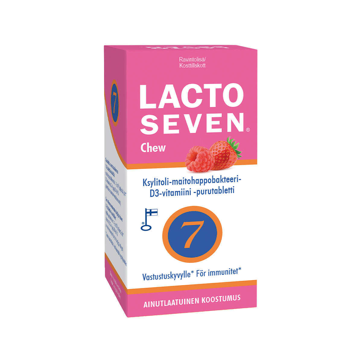 Eine rosa-weiße Vitabalans Lacto Seven Chew Box mit Erdbeeren, beschriftet in Finnisch, Schwedisch und Englisch. Sie hebt die Vorteile von probiotischen Milchsäurebakterien, Vitamin D3 und die Unterstützung des Immunsystems hervor.