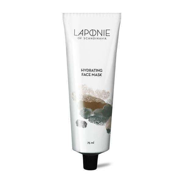 Eine weiße Tube Laponie of Scandinavia 2-in-1 Hydrating Face Mask, 75 ml, mit abstrakten Pastellmotiven und schwarzer Kappe - eine sanfte, feuchtigkeitsspendende Maske, perfekt für empfindliche Haut.