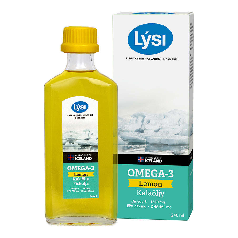 Eine Flasche Lysi Omega-3 Lemon von Lysi steht neben der Schachtel mit den Eisbergbildern. Die Flasche enthält gelbes Öl mit einer gelben Kappe, die den frischen Zitronengeschmack und die wesentlichen Omega-3-Vorteile hervorhebt.