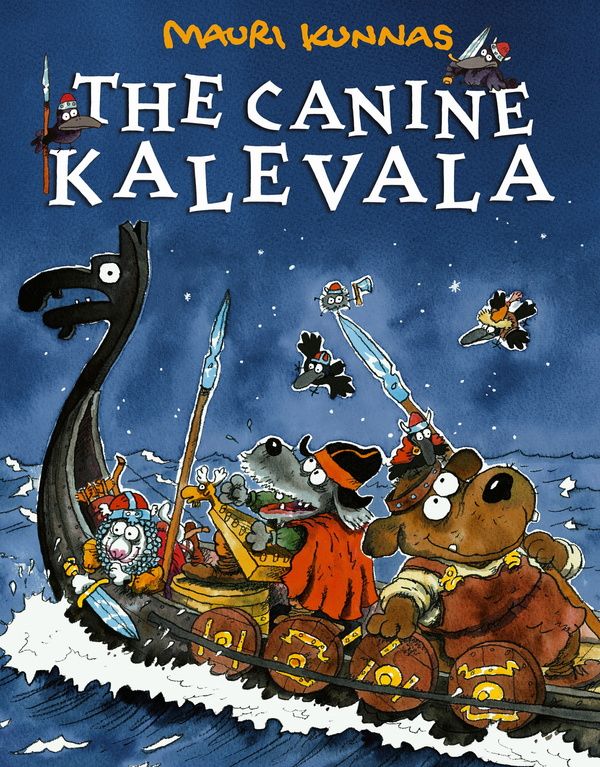 Das Otava-Buch "Mauri Kunnas: The Canine Kalevala" hat ein Cover im Stil von Kunnas, auf dem Cartoon-Wikingerhunde abgebildet sind, die mit einem Holzschiff durch die Wellen segeln - eine verspielte Variante des hündischen Nationalepos.