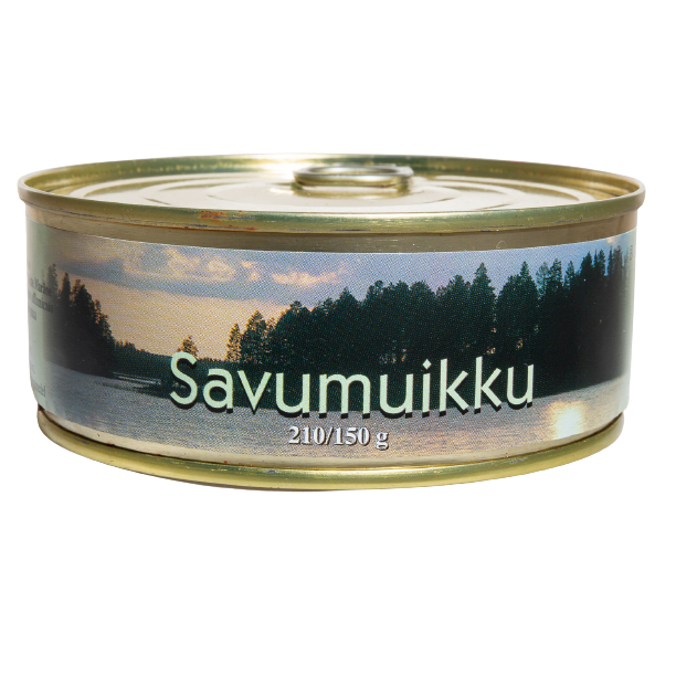 Eine runde Metalldose mit der Aufschrift Pielisen Kala Räucher-Maräne zeigt einen See und einen Wald bei Sonnenuntergang. Im Inneren befindet sich eine schmackhafte geräucherte Maräne, die ideal zu Kartoffelpüree passt. Das Nettogewicht beträgt 210/150 Gramm. Marke: Pielisen Kala.