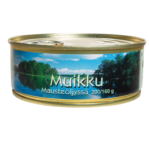 Eine runde Blechdose mit einem Aufreißdeckel mit der Aufschrift Pielisen Kala Maräne in gewürztem Öl 200/160g. Das Etikett zeigt eine Seeszene und hebt die traditionelle Maräne von Pielisen Kala in Öl hervor, das mit Dill, Paprika und Zwiebeln für zusätzlichen Geschmack gewürzt ist.