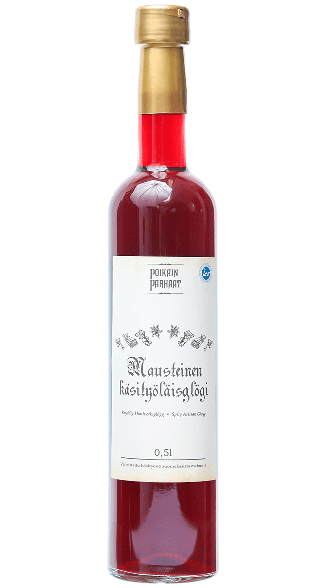 Eine Klarglasflasche mit goldenem Verschluss und roter Folie enthält Poikain Parhaat Spicy Artisan Glogg, ein traditionelles finnisches Gewürzgetränk aus schwarzem Johannisbeersaft (0,5 l) von Poikain Parhaat, mit finnischem Text und Kräuterillustrationen auf dem weißen Etikett.