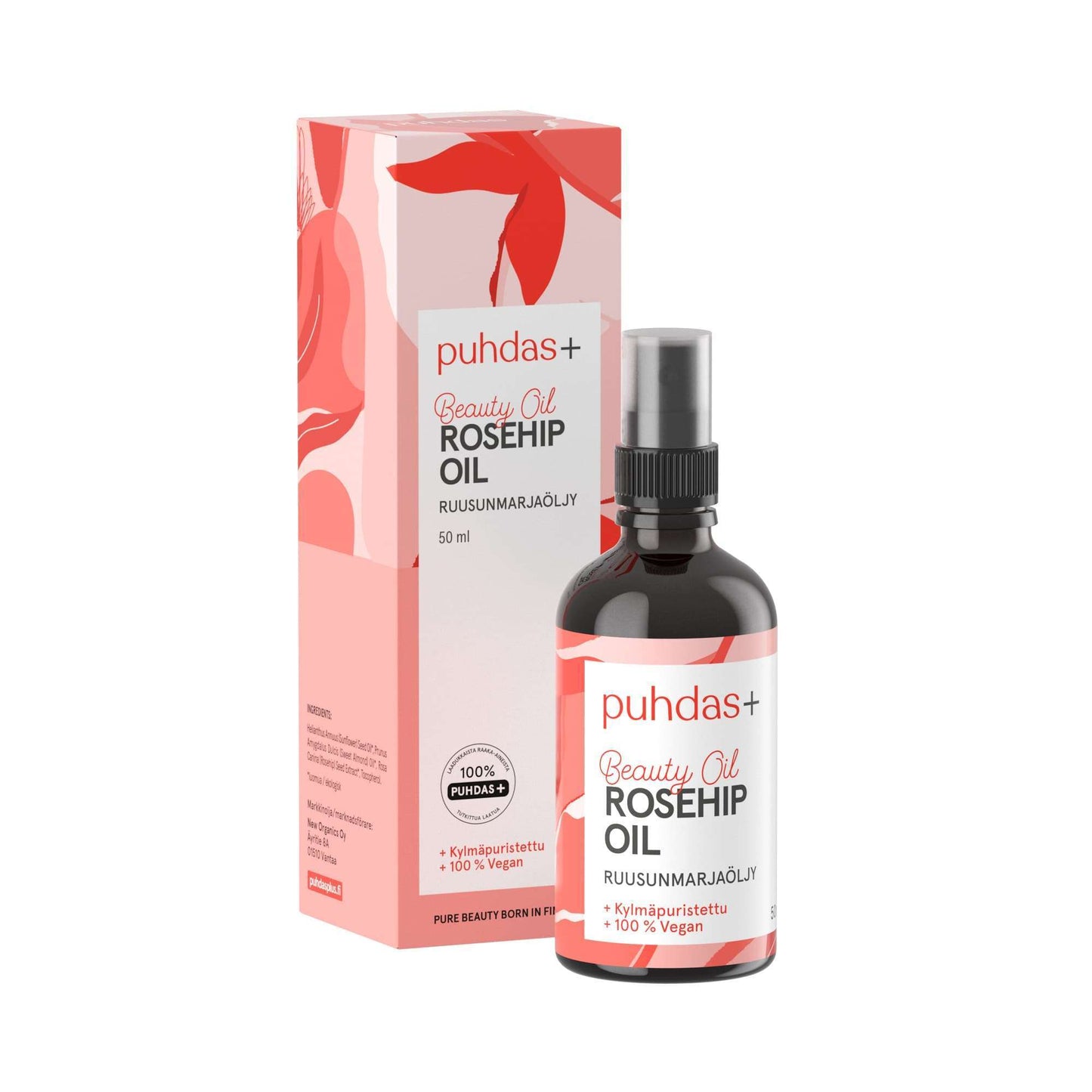 Eine Flasche Puhdas+ Beauty Moisturising Rosehip Oil (50 ml) mit Sprühkopf steht neben der dazu passenden, blumengeschmückten rosa-roten Schachtel mit Produktangaben.