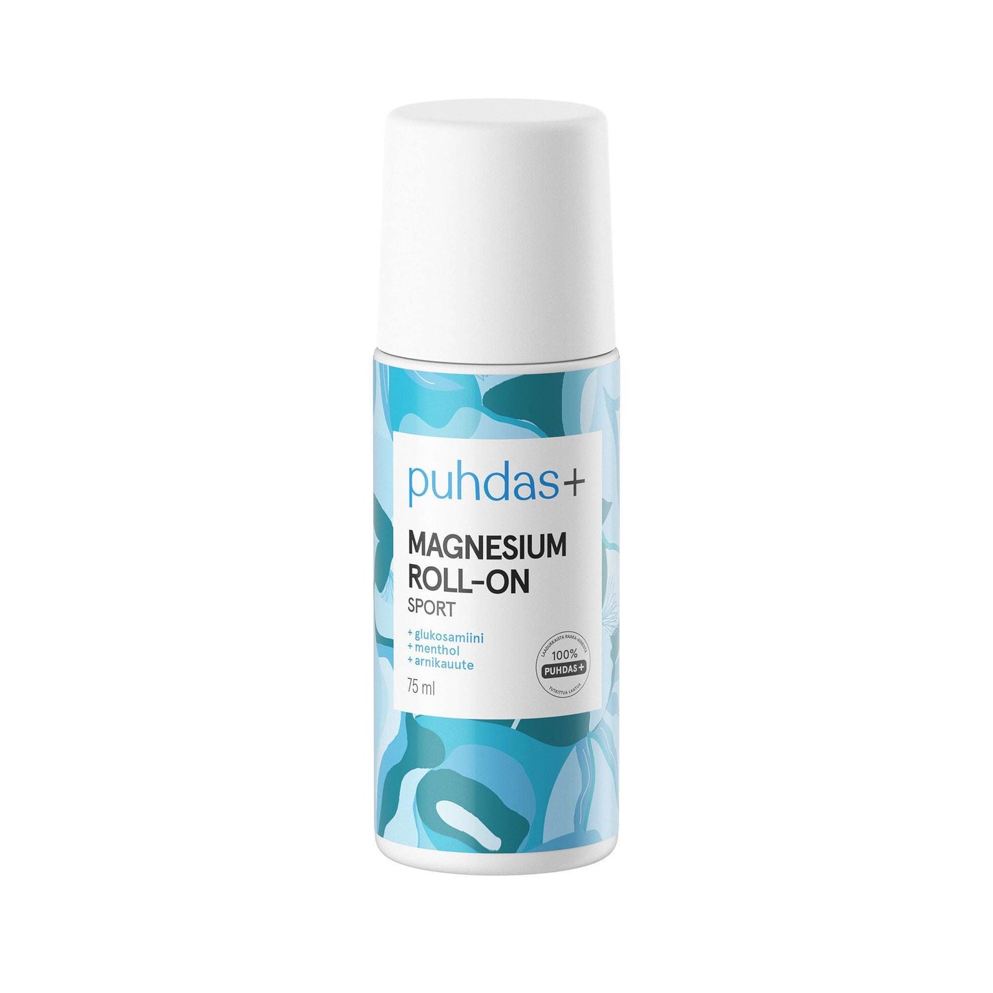 Ein weißer und blauer Puhdas+ Magnesium Sport Roll-On (75 ml) mit abstrakten Mustern, entwickelt zur Linderung von Muskel- und Gelenkschmerzen und zur Erholung. Das Etikett hebt hervor, dass er für den Sport geeignet ist und 100% Magnesium enthält.