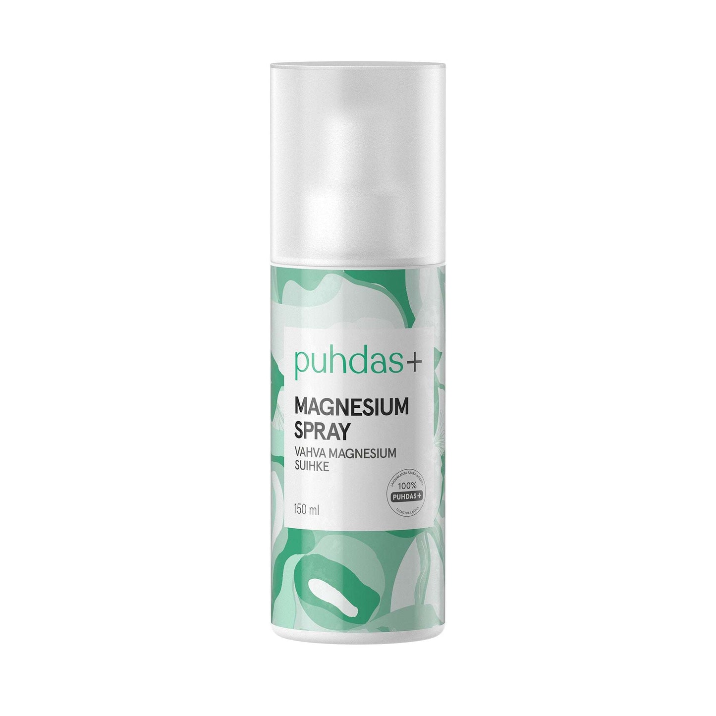 Puhdas+ Magnesium Spray, 150 ml, mit weißem Verschluss und abstraktem grün-weiß-hellblauem Etikett. Dieses 100% vegane Spray von Puhdas+ hilft, Muskelkrämpfen vorzubeugen.