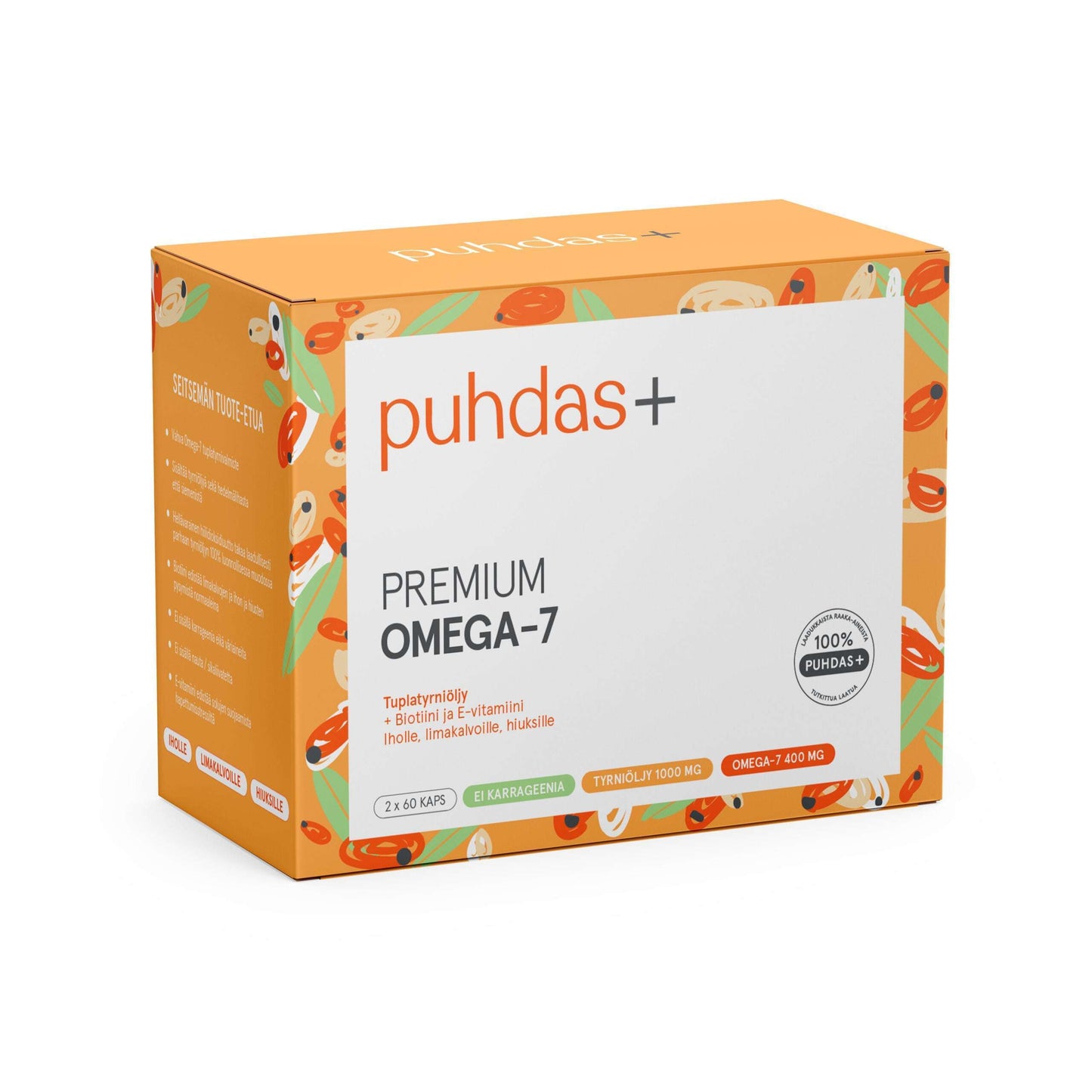Eine Schachtel mit Puhdas+ Premium Omega-7-Nahrungsergänzungsmitteln von Puhdas+ ist in orange, weiß und beige verpackt. Auf der Vorderseite sind die wichtigsten Inhaltsstoffe wie Sanddorn und Biotin sowie Produktdetails und Dosierungsinformationen angegeben.