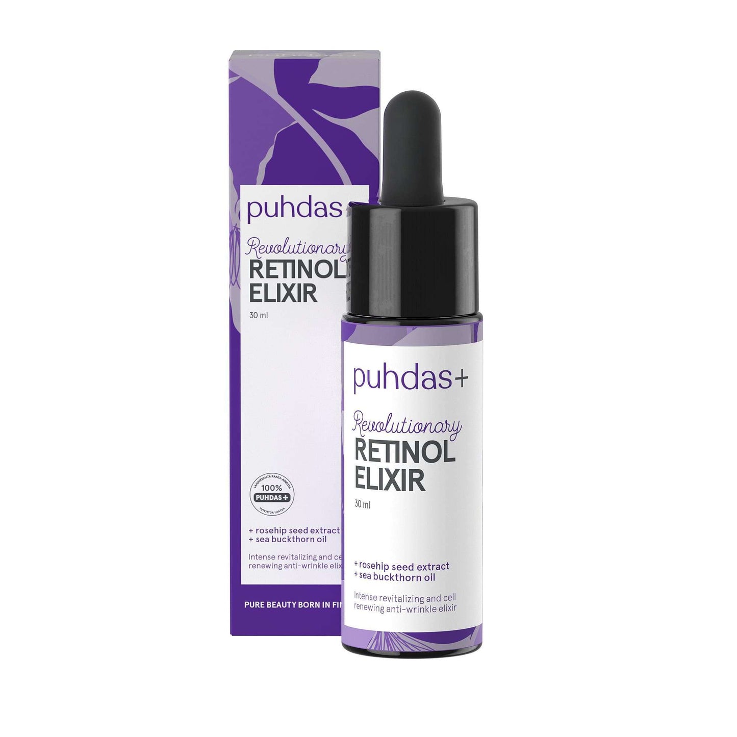 Eine Flasche und eine Schachtel von Puhdas+ Revolutionäres Retinol Elixier. Die weiß-violette Verpackung mit Tropfverschluss unterstreicht das Retinol für strahlende, jugendliche Haut der Marke Puhdas+.
