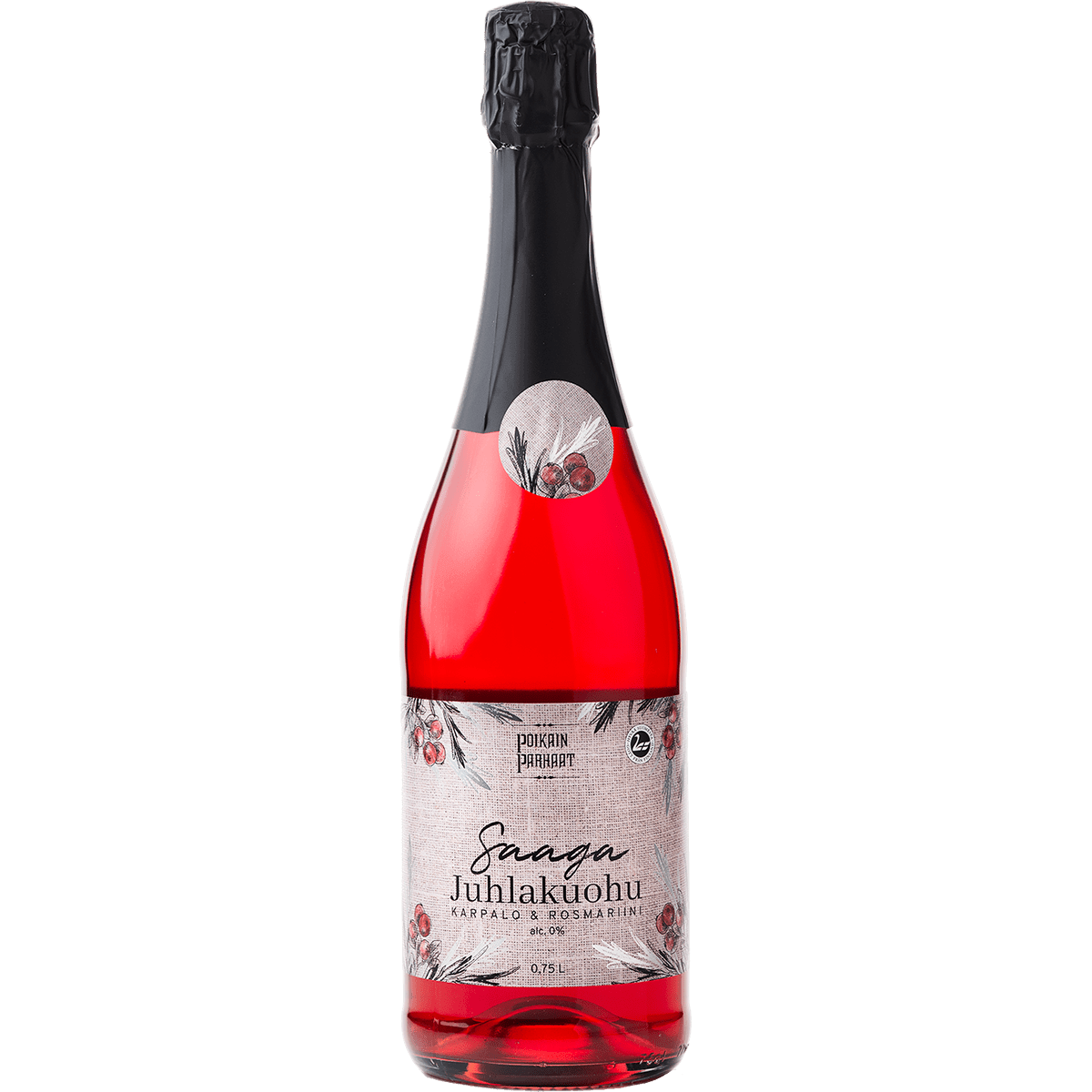 Eine Flasche Poikain Parhaat Saaga Sparkling Drink 0,0%, gefüllt mit leuchtend roter Flüssigkeit.