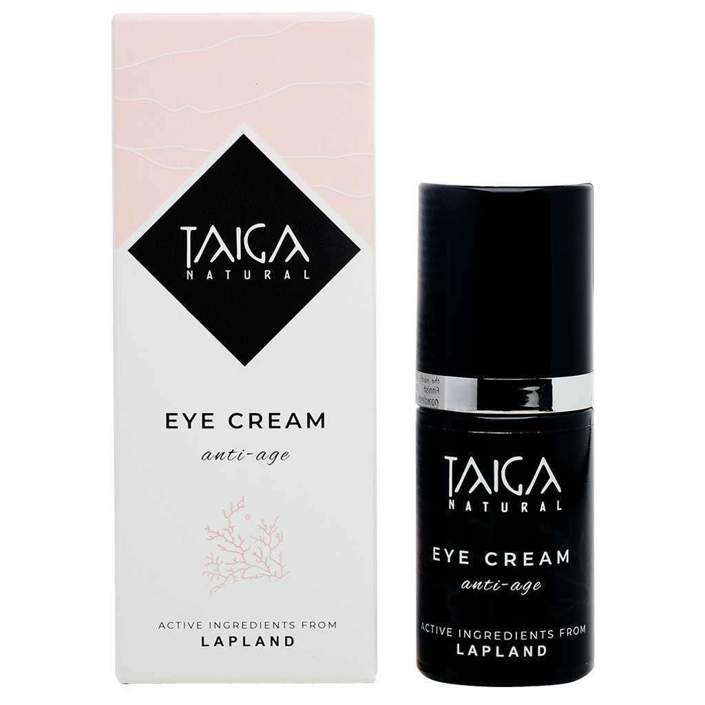 Taiga Cosmetics Eye Cream Anti-Age ist eine Anti-Aging-Augencreme mit natürlichen Inhaltsstoffen aus Lappland. Das Bild zeigt links die Verpackung des Produkts und rechts eine schwarze Pumpflasche.
