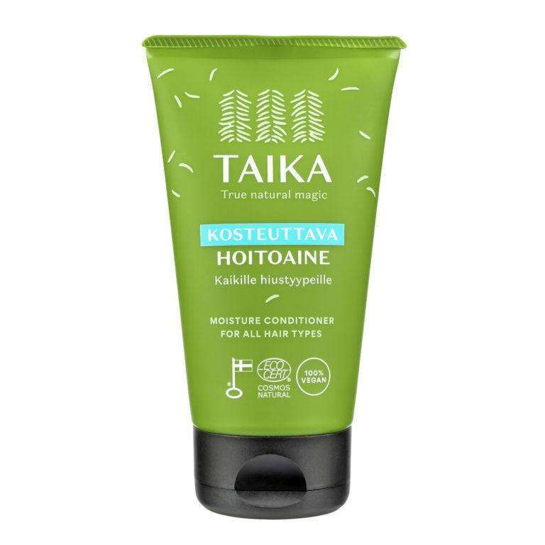 Die grüne Tube von Taika Conditioner für alle Haartypen, verziert mit weißen Baumsymbolen und zweisprachigem Text, hebt die COSMOS-Naturzertifizierung und die 100% vegane Formel hervor.