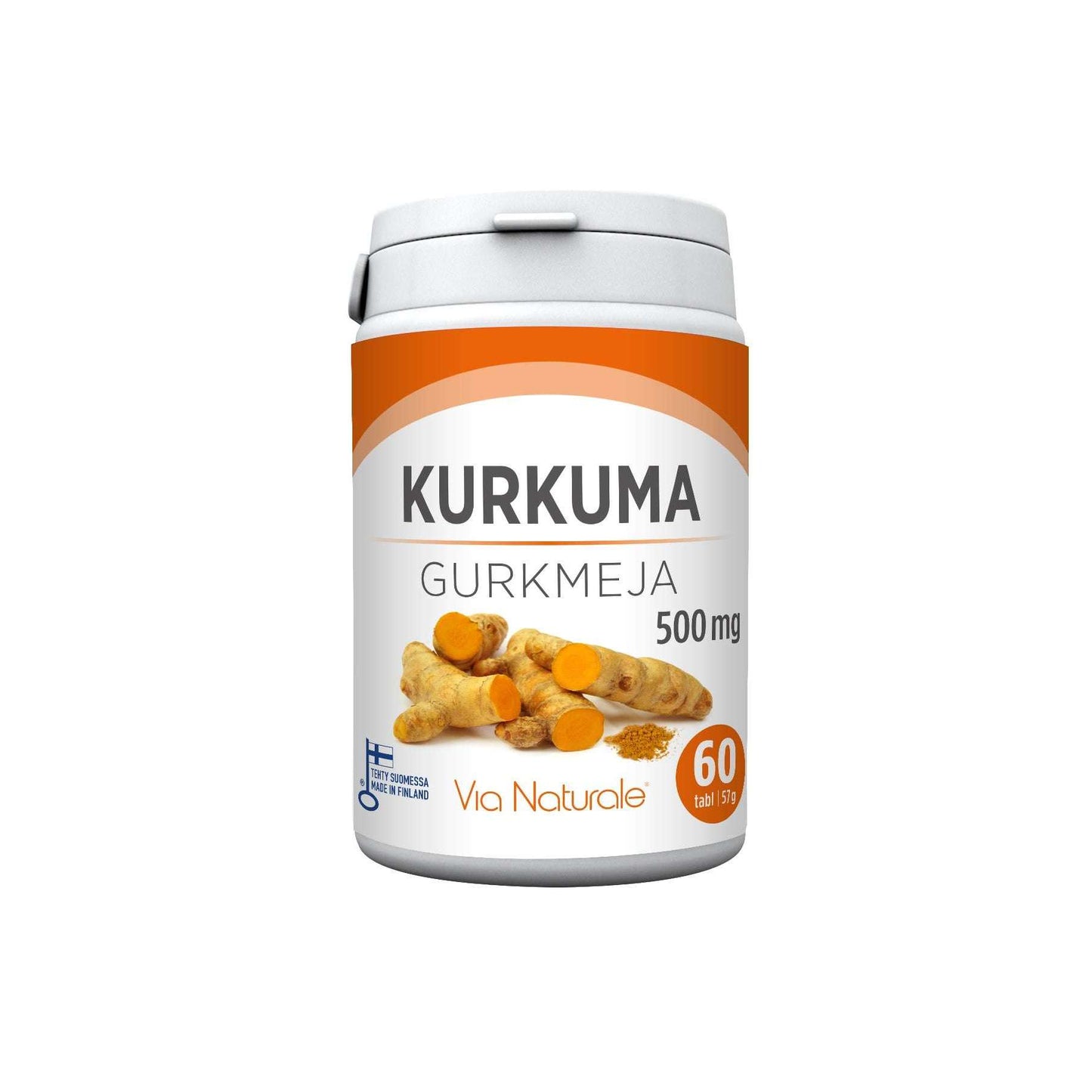Die weiß-orangefarbene Flasche von Via Naturale Kurkuma 500 mg zeigt die Kurkumawurzel auf dem Etikett, enthält 60 Tabletten und hebt Curcumin als Hauptbestandteil hervor.