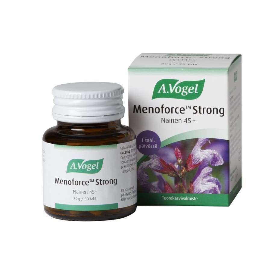 A.Vogel Menoforce Strong von A.Vogel ist ein Nahrungsergänzungsmittel für Frauen ab 45 Jahren, verpackt in einer Schachtel mit einem lila Blumenmotiv und finnischem Text, das zur Linderung von Wechseljahrsbeschwerden wie Hitzewallungen beitragen soll.