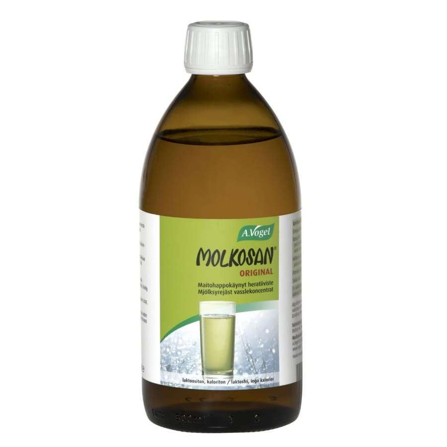 A.Vogel Molkosan Original wird in einer braunen Flasche mit weißem Verschluss geliefert. Auf dem grün-weißen Etikett ist ein hellgelbes, fermentiertes Molkekonzentrat für eine gesunde Verdauung abgebildet.