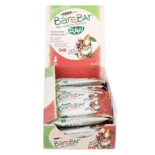 Der BareBar Cashew 24er-Pack von BareBar enthält einzeln verpackte, glutenfreie, vegane Energieriegel mit Datteln und Cashewkernen in grüner, brauner und weißer Verpackung, die jeweils mit Dattel- und Cashewgrafiken illustriert sind.