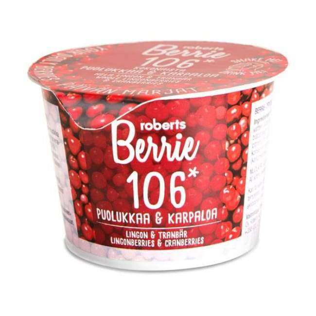 Auf dem Behälter von Roberts Berrie Berrie Lingonberry & Cranberry, der auf Finnisch und Englisch beschriftet ist, sind Preiselbeeren und Moosbeeren abgebildet, die für diesen authentischen finnischen Saft als Preiselbeer- und Moosbeergetränk werben.