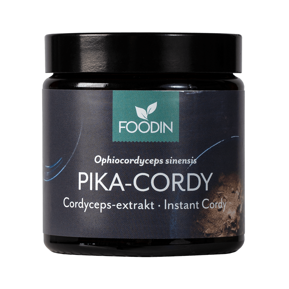 Ein schwarzes Glas mit der Aufschrift Foodin Instant Cordy, by Foodin, mit Cordyceps-Pilzextraktpulver (Ophiocordyceps sinensis) und Instant Cordy ist vor einem schlichten Hintergrund abgebildet.