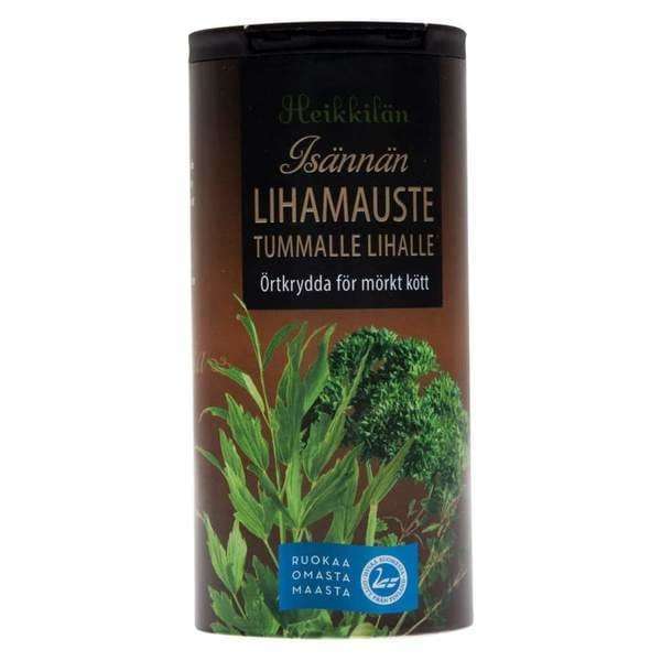 Ein Behälter mit Heikkilä's Farmer's Herb Mix for Meats, einer finnischen Gewürzmischung für dunkles Fleisch, mit Abbildungen von grünen Kräutern und finnischem Text auf der Vorderseite.