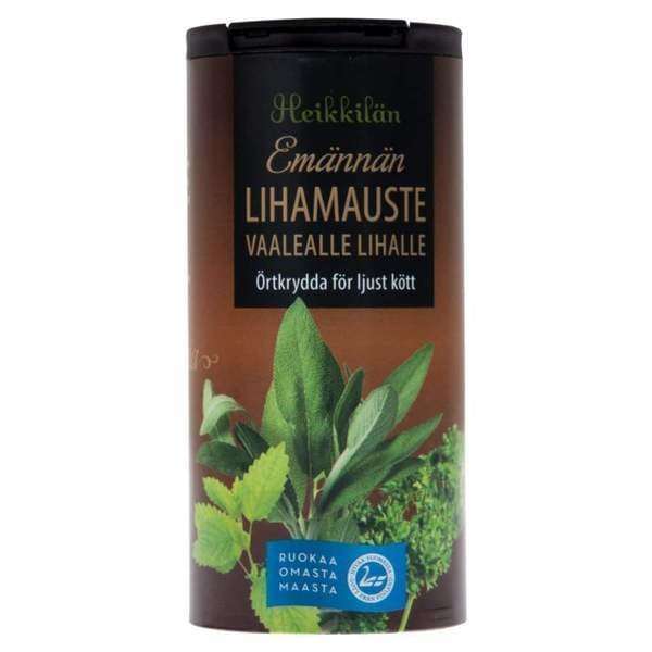 Eine Dose Heikkilä's Matron's Meat Seasoning von Heikkilä's, für Schweine- und Hühnerfleisch, mit frischen Kräutern und finnischem Text auf dem Etikett.