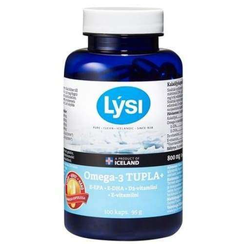 Eine blaue Flasche Lysi Omega-3 Double+ von Lysi mit weißer Kappe und einem Etikett mit Omega-3-Fettsäuren (EPA, DHA), den Vitaminen D3 und E sowie einem Product of Iceland-Abzeichen.